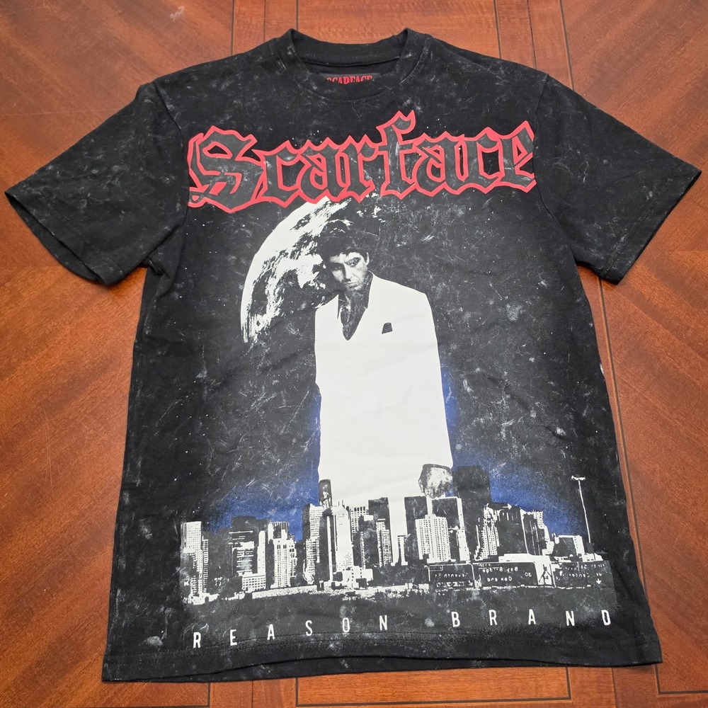 Reason Brand T-Shirt Mens Small Black Scarface Tony Montana Acid Wash Streetwear